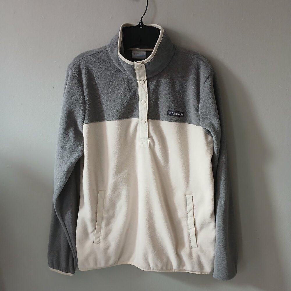 Columbia Women's Fleece 1/2 Zip Snap Pullover Sweatshirt Size Large Grey Cream‎